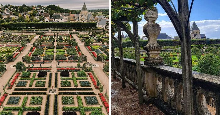 Aerial and closer views of a famous garden with intricate geometric flower beds and historic stone structures.