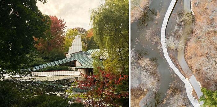 Famous gardens with vibrant autumn foliage and a modern building by a serene pond surrounded by trees.