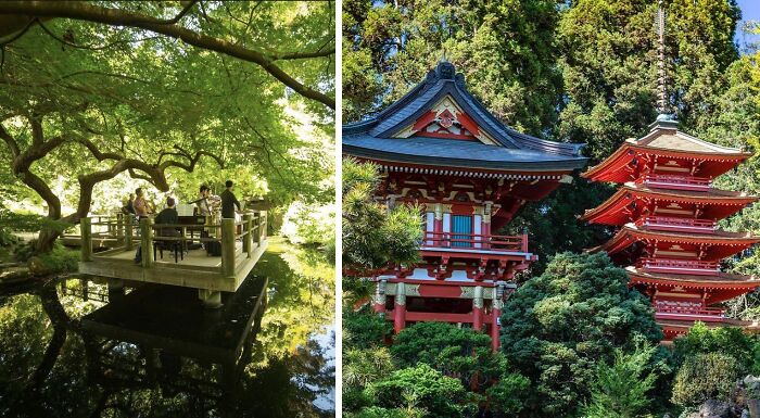 Famous gardens featuring a serene wooden platform over water and traditional red Japanese pagoda structures surrounded by lush greenery
