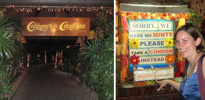 woman laughing from the information stand near the restaurant