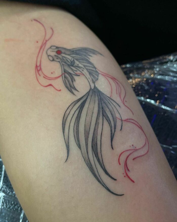 Minimalist fish tattoo with flowing fins and red ink accents on skin.