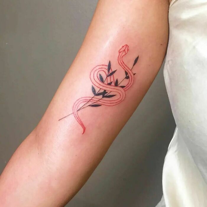 Red ink tattoo of a snake and leaves on forearm.