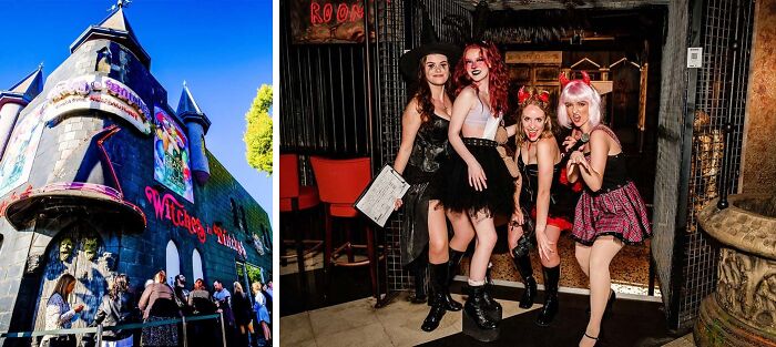 four women in witch costumes