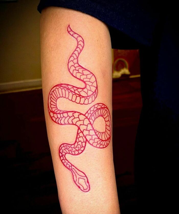 Red ink tattoo design of a snake on a forearm, showcasing intricate details and vibrant color.