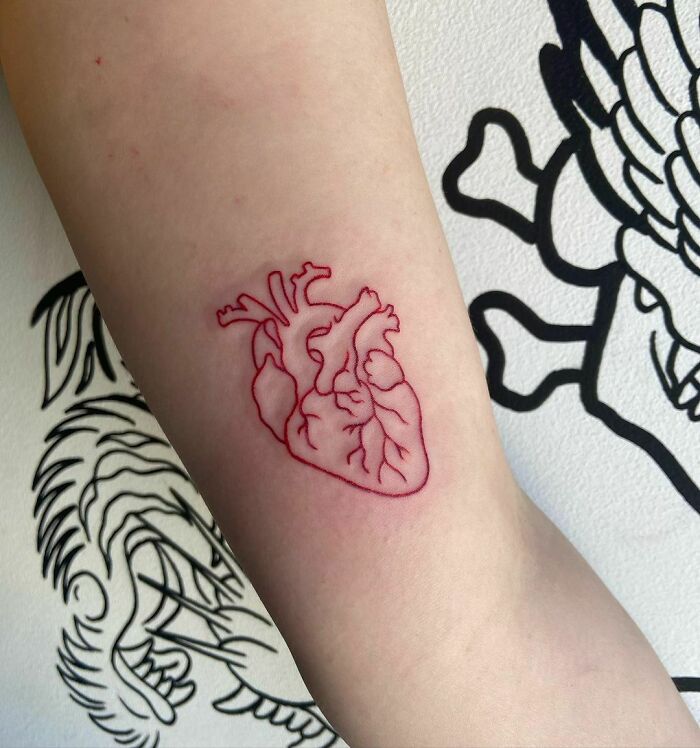 Red ink tattoo of an anatomical heart on forearm with black art in the background.