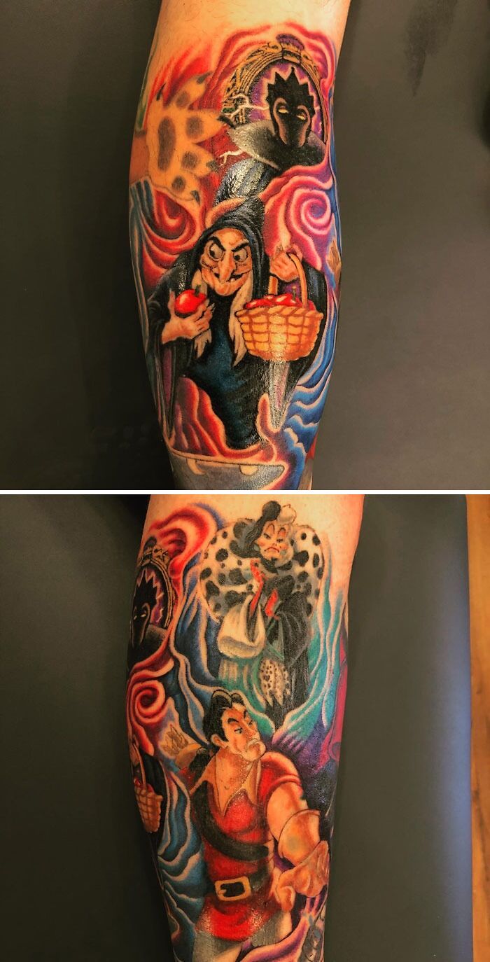 Colorful lower leg tattoo featuring fairy tale characters and vivid swirls, showcasing artistic detail.