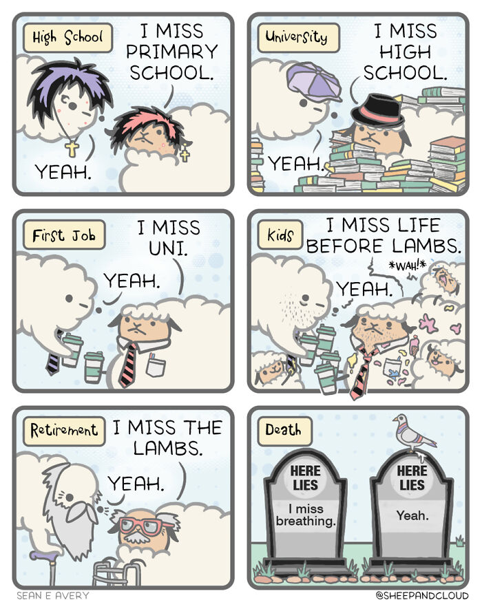 Sheep and cloud discuss life stages with humorous, dark themes in comic panels.