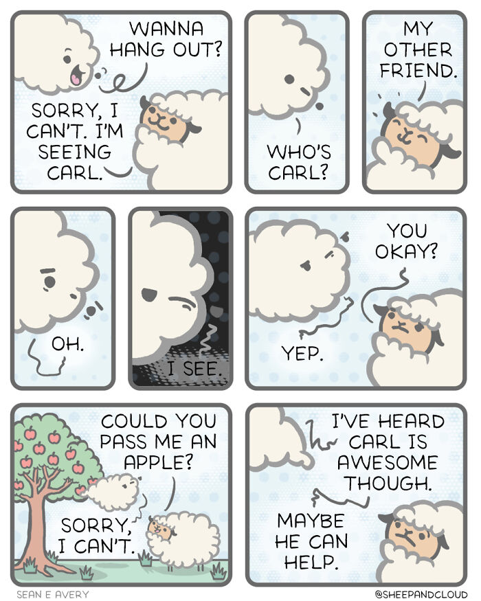 Sheep and cloud comic featuring funny, slightly dark themes about Carl, the cloud's friend.