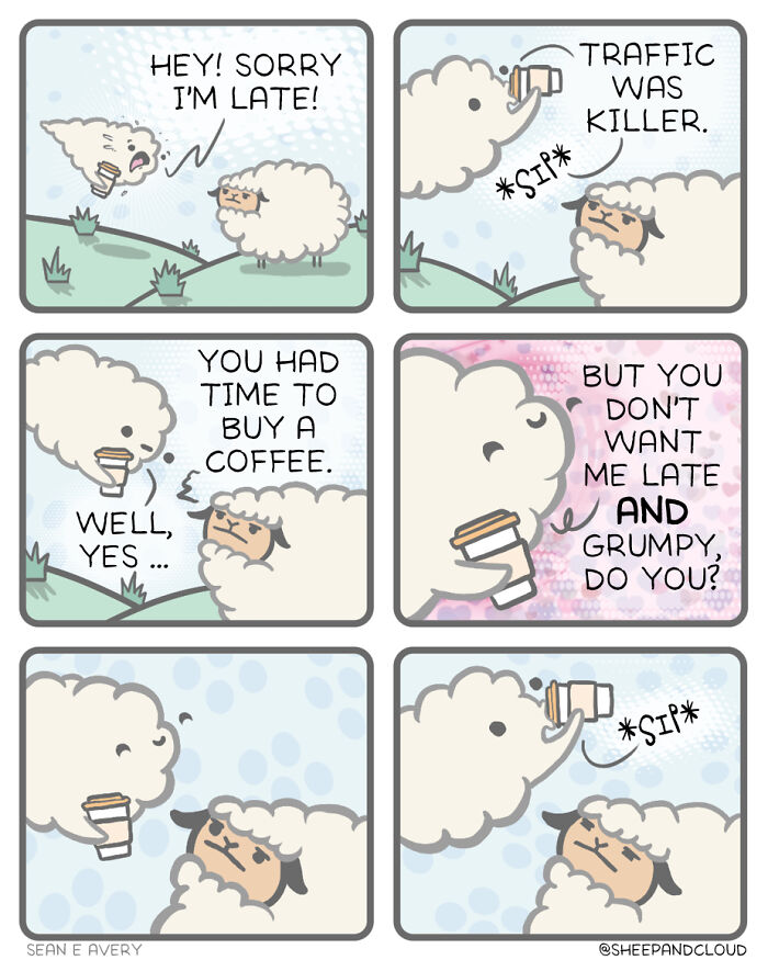 Sheep and cloud comic: sheep apologizes for being late, cloud mentions traffic, both sip coffee humorously.