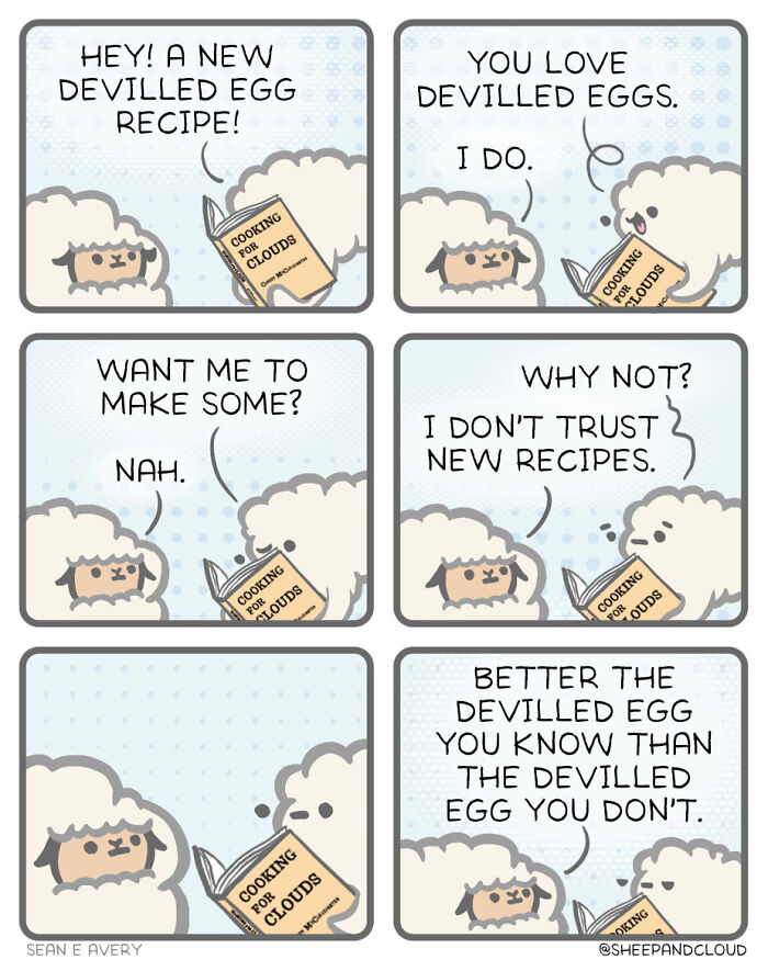 Sheep and Cloud comic about new devilled egg recipe, featuring humorous dialogue and slightly dark themes.