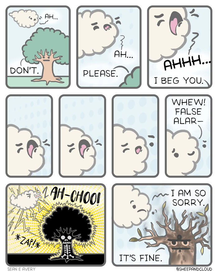 Funny comic of a cloud sneezing on a tree, causing an unexpected transformation.