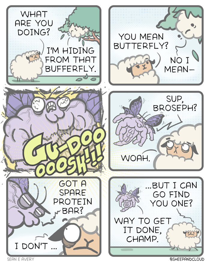 Sheep hiding from a butterfly in a funny comic with a slightly dark theme, featuring a sheep and a cloud.