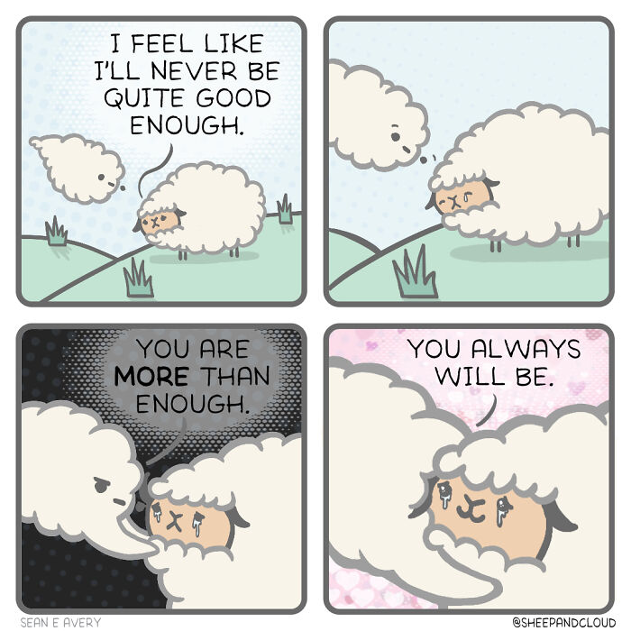 Comic strip featuring a sheep and a cloud with a motivational message about being enough.