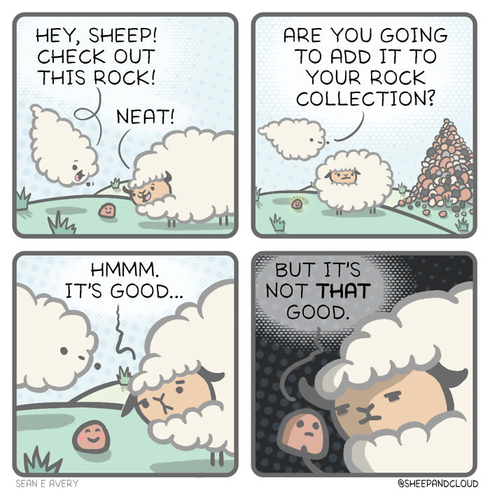 Sheep and cloud discussing rocks in a humorous comic strip with a slightly dark twist.