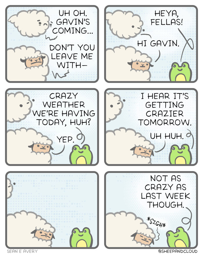 Sheep and cloud comic strip featuring a frog discussing the weather with humorous, slightly dark undertones.