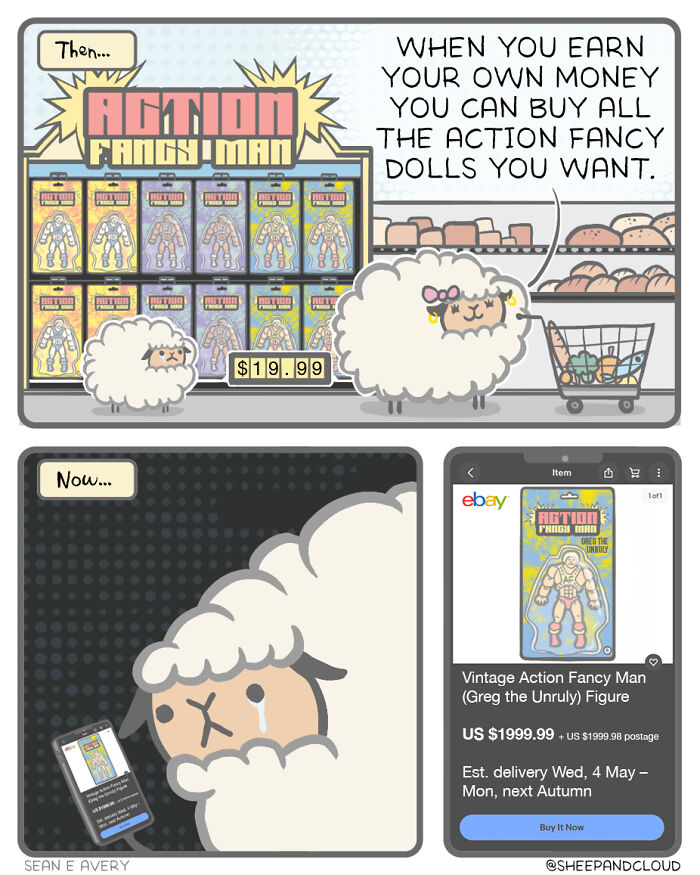 Sheep and Cloud comic about expensive action figure, showing price change over time.