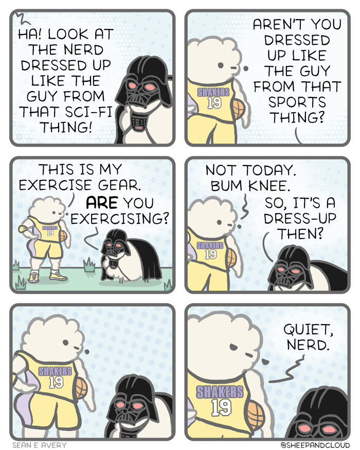 Sheep and cloud comic with dark humor, featuring characters in sportswear and sci-fi costume discussing exercise.