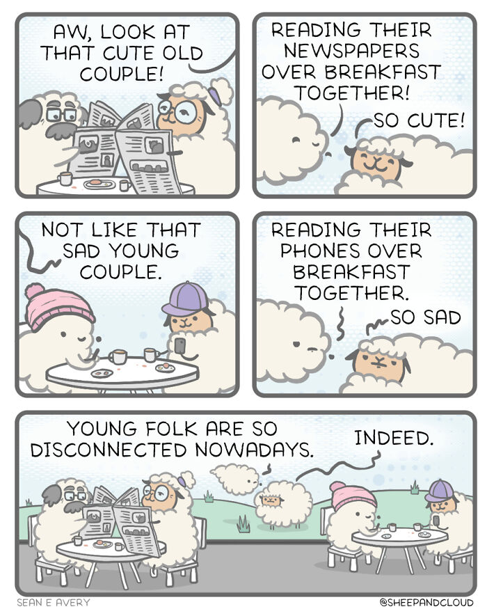 Sheep and Cloud comic on generational differences in breakfast habits, featuring a contrast between newspapers and phones.