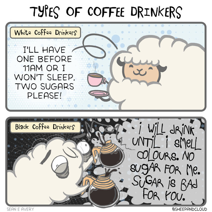 Sheep and cloud comic about coffee drinkers, featuring different preferences for white and black coffee.