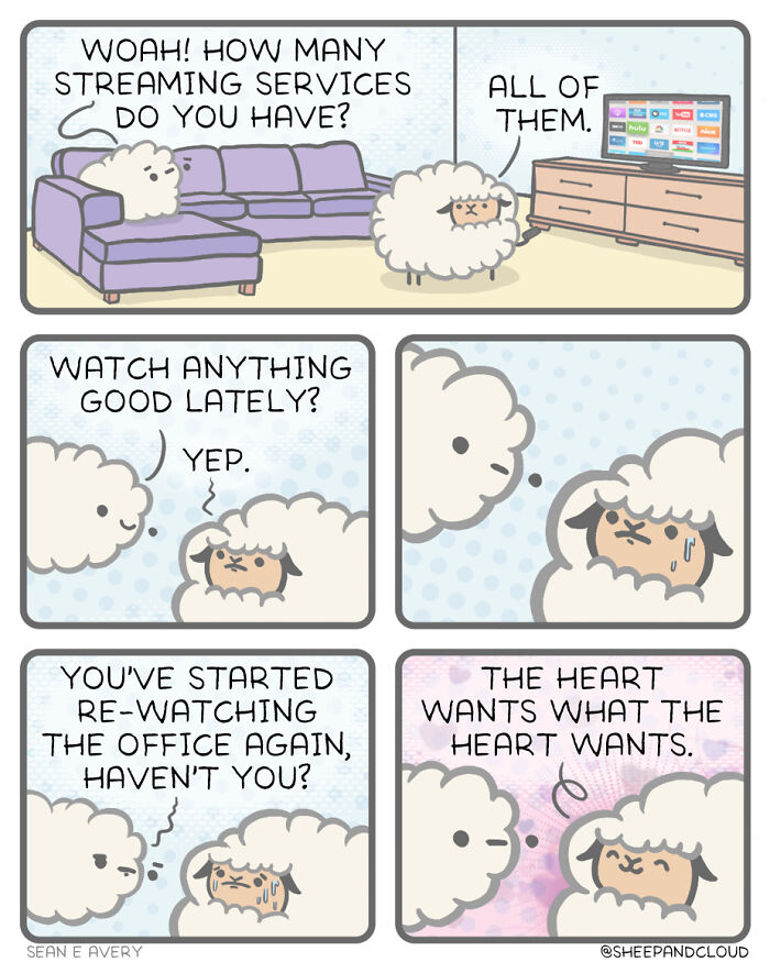 Sheep and Cloud comic about streaming services and re-watching TV shows with a humorous twist.