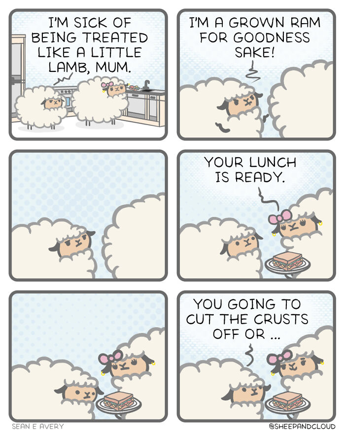 Sheep and cloud comic strip with a sheep feeling grown up, discussing lunch and crusts.