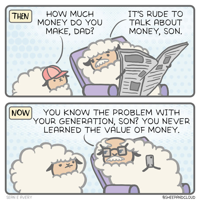 Sheep and Cloud comic shows changing attitudes about discussing money between generations.
