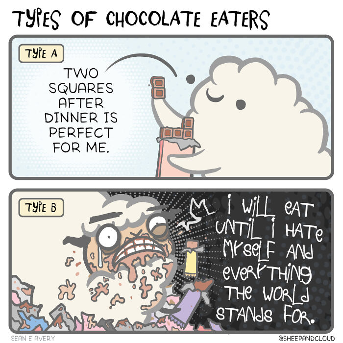 Funny comic of a sheep and cloud illustrating two types of chocolate eaters with contrasting attitudes.