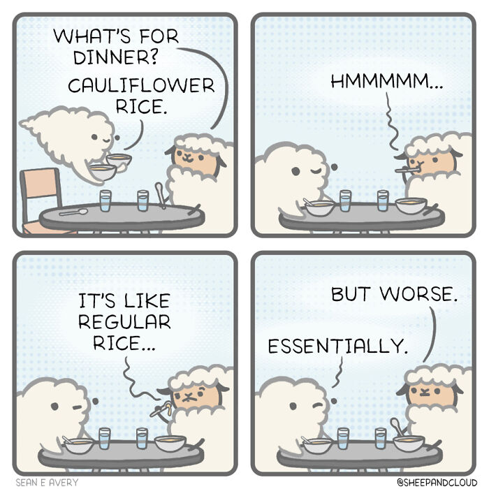 Sheep and cloud dining, discussing cauliflower rice in a funny comic strip with dark humor.