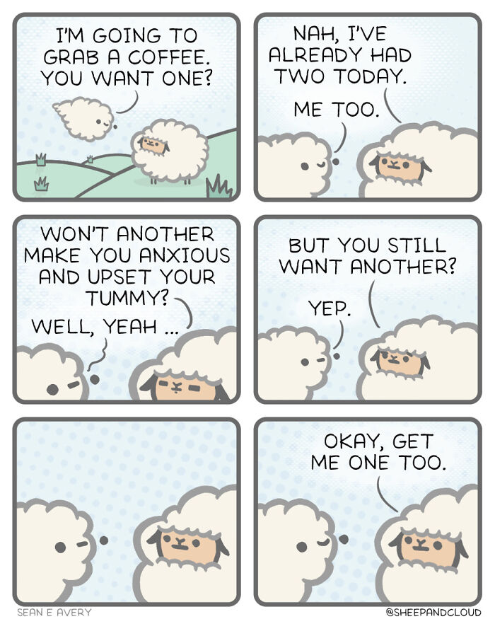 Cartoon of a sheep and cloud discussing coffee anxiety, adding humor to slightly dark themes in their adventure.