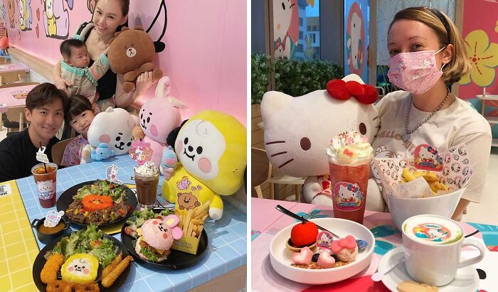 family in a cafe for children near the table with food and soft toys