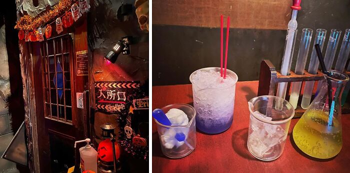 flasks with liquids on the table