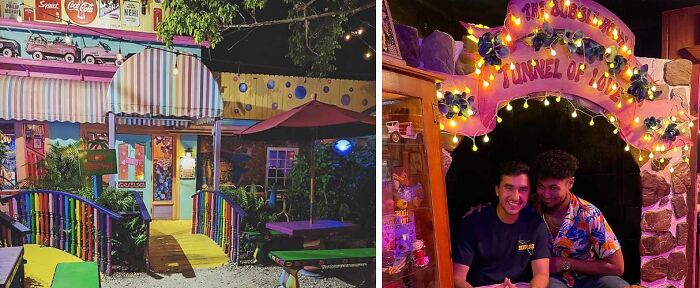 two men smiling under the entrance of the restaurant