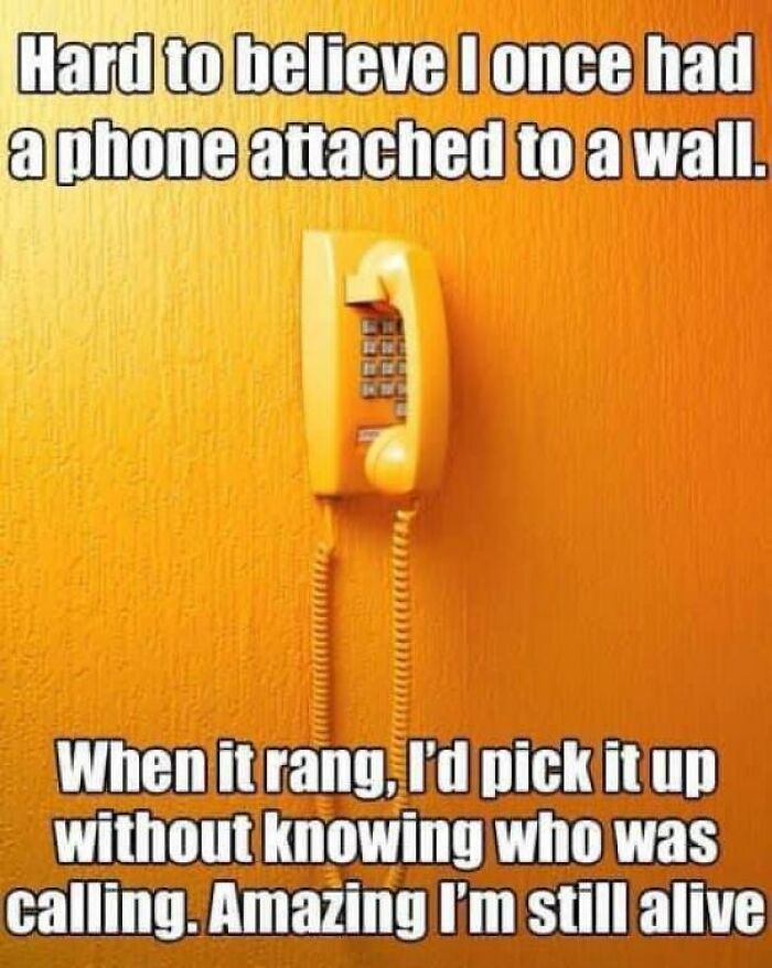 Vintage wall phone meme highlighting generational humor with text about life before caller ID.