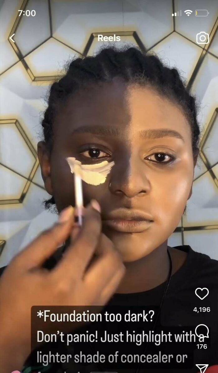 Makeup fail with mismatched foundation, one side of face lighter. Instruction text to fix by highlighting with concealer.