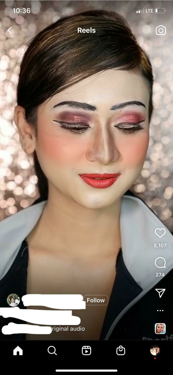 Makeup fail with exaggerated highlights and misaligned lipstick, showcasing makeup artists' mistakes.