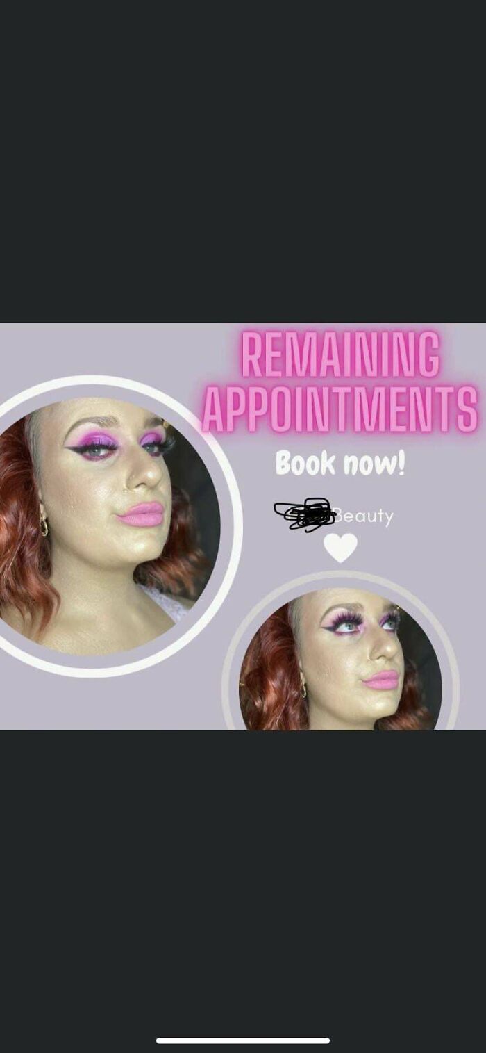 Makeup artist's bold pink eyeshadow and lipstick look with an ad for remaining appointments.