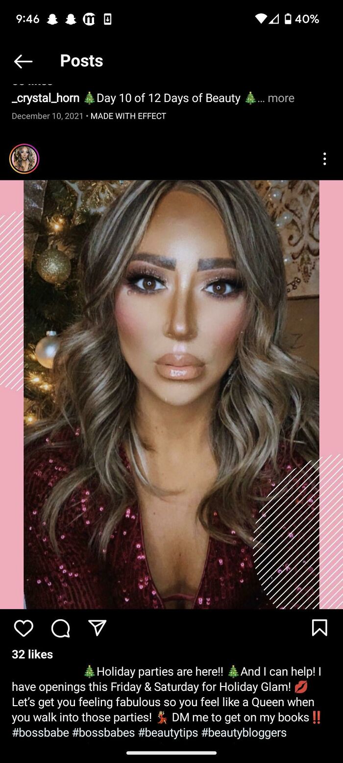 Makeup artist's bold look featuring heavy contouring, dark eyebrows, and shiny lips for a holiday event promotion.