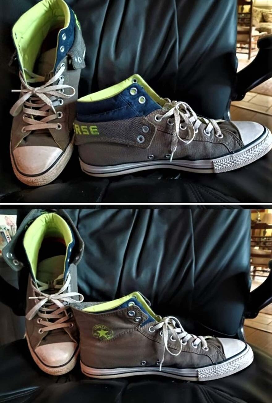 A mismatched pair of unusual Converse shoes with neon green interior on a black chair.