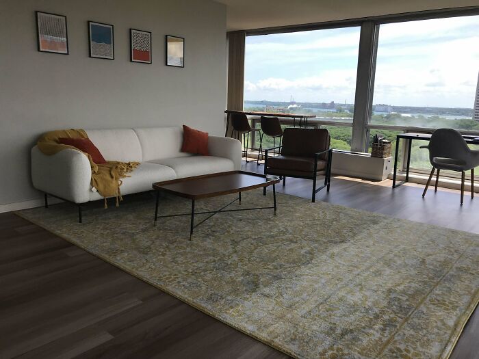 Minimalistic living room design with a white sofa, large windows, and a decorative rug, perfect for creative inspiration.