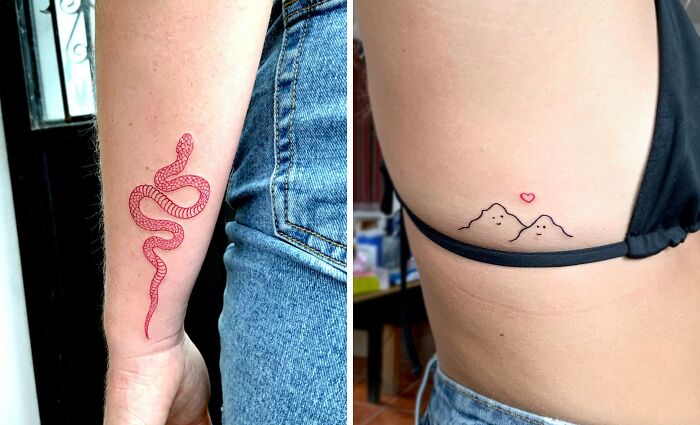 Red ink tattoo designs: one of a snake on an arm and a minimalist mountain scene with a heart on the side.