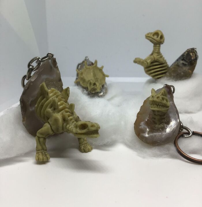 Dinosaurs Emerging From Geode - New Keyrings I’ve Made!