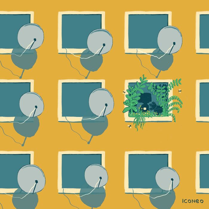 Illustration by Steffen Kraft shows computers with one screen growing plants, reflecting society.