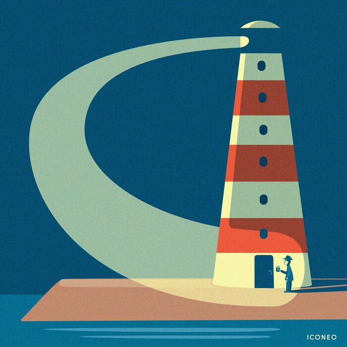 Illustration by Steffen Kraft showing a man in front of a lighthouse casting a shadow.