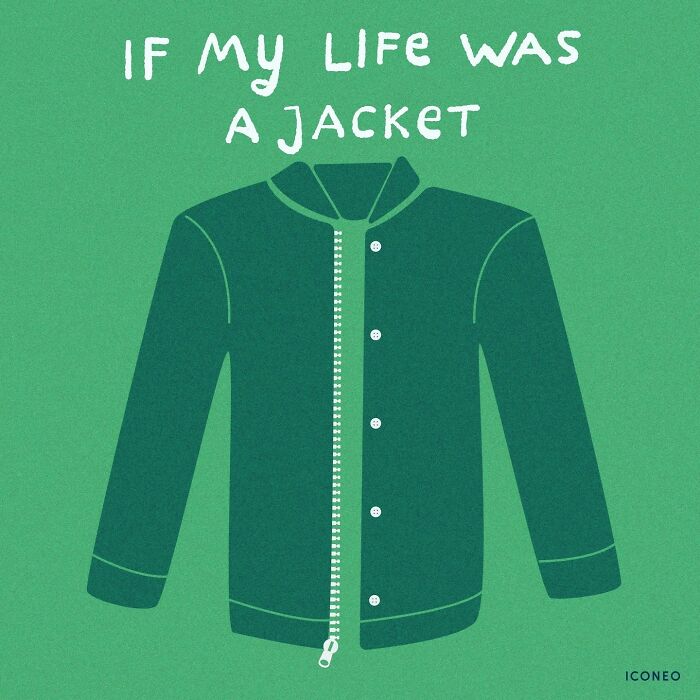 Green jacket illustration with text "If my life was a jacket," reflecting society through art.