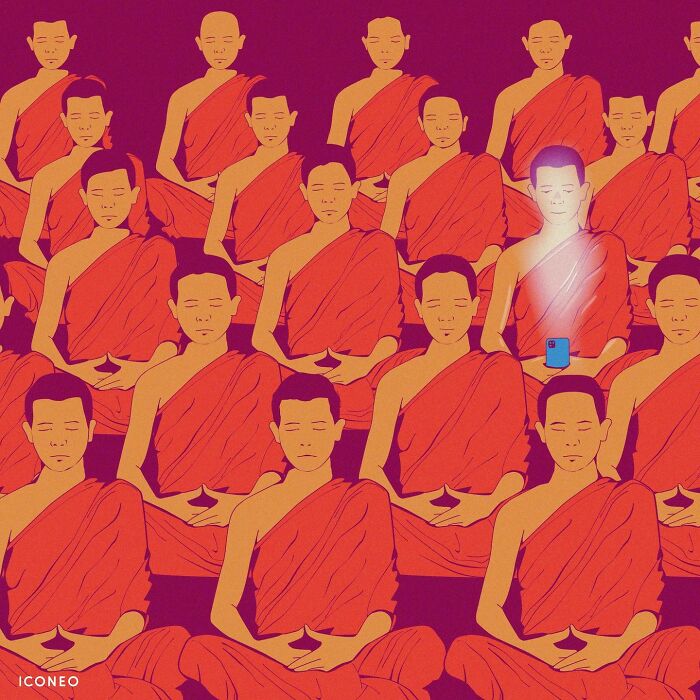 Meditating monks illustration with one distracted by a smartphone, reflecting society's technology impact.