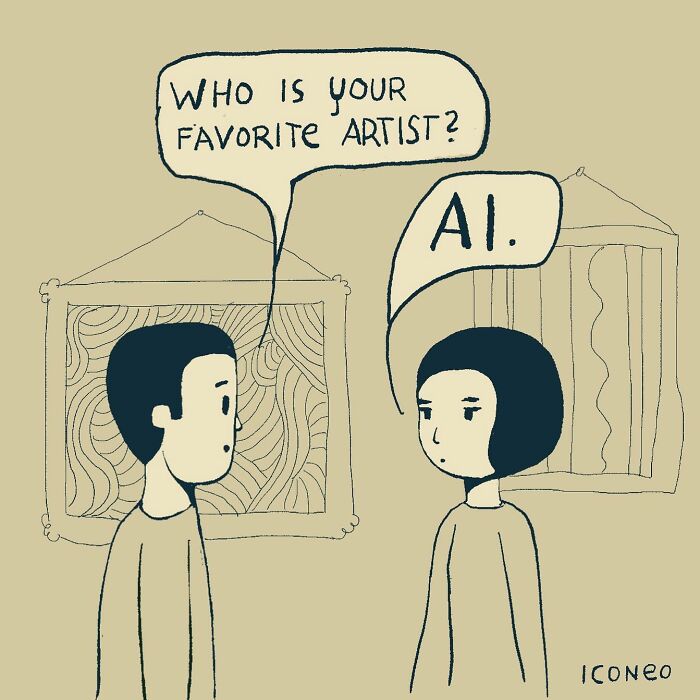 Two people in a gallery discussing their favorite artist, with one responding "AI," highlighting societal themes in illustrations.