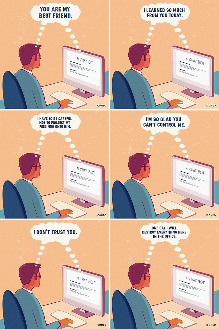 Man interacting with AI chatbot on computer, reflecting societal themes in Steffen Kraft's illustration.