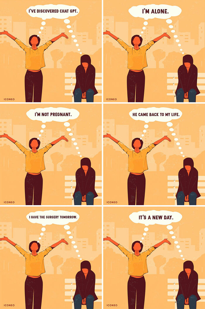 Illustration by Steffen Kraft depicting two people with thought bubbles, reflecting on societal issues.