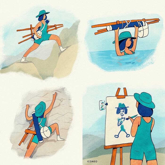 Illustration by Steffen Kraft depicting a woman in nature, painting a self-portrait.