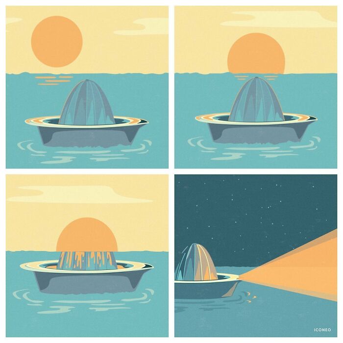 Illustration by Steffen Kraft showing a sunset transformed into a citrus juicer on water, reflecting society's impact on nature.